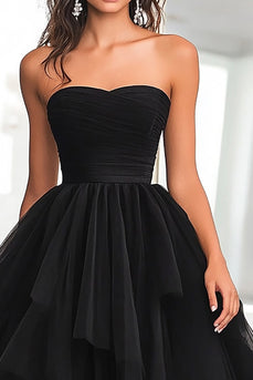 Black Tulle Tiered Strapless Floor Length Prom Dress