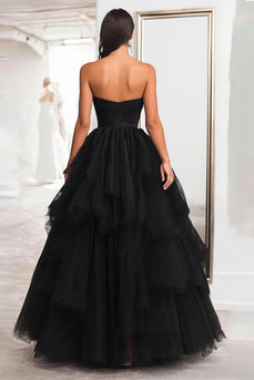 Black Tulle Tiered Strapless Floor Length Prom Dress