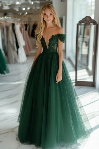 Dark Green Corset Off the Shoulder Long Prom Dress with Lace