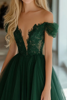 Dark Green Corset Off the Shoulder Long Prom Dress with Lace