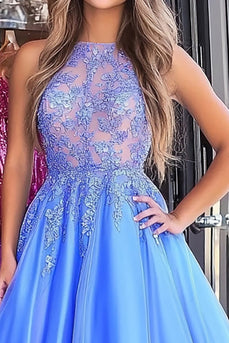 Ball Gown Blue Tulle Floor Length Prom Dress with Lace Appliques