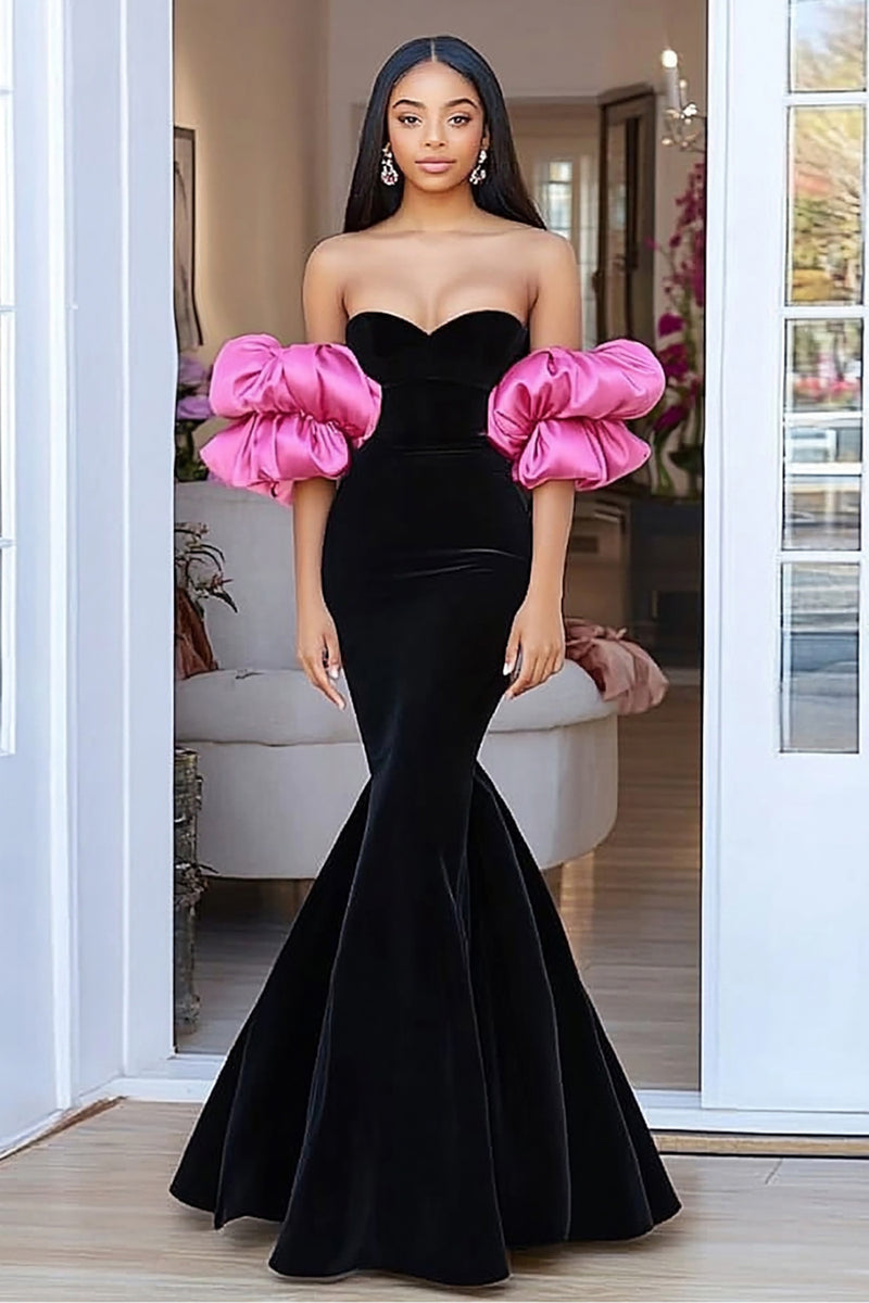 Load image into Gallery viewer, Black Velvet Mermaid Strapless Floor Length Prom Dress