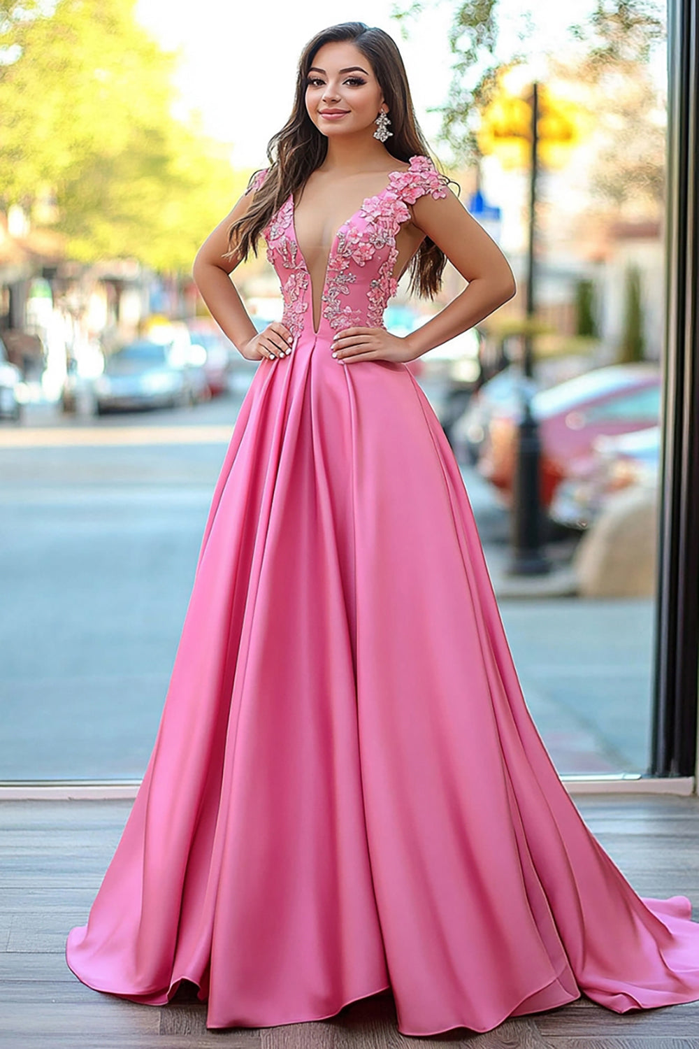 Pink A Line V-Neck Long Prom Dress with 3D Flower