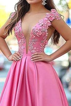 Pink A Line V-Neck Long Prom Dress with 3D Flower