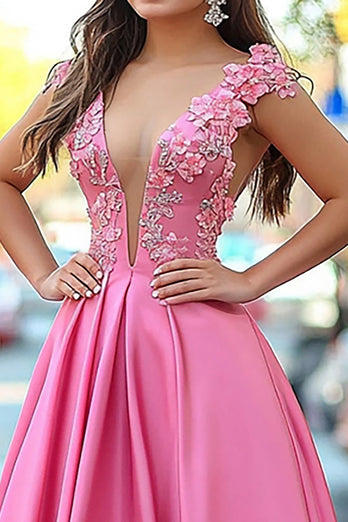 Pink A Line V-Neck Long Prom Dress with 3D Flower