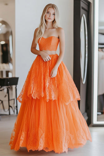 2 Piece Orange Lace Strapless Floor Length Prom Dress