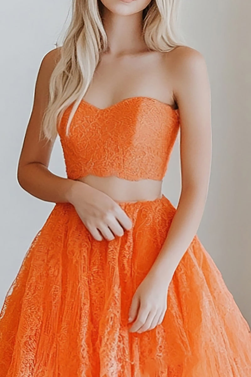 Load image into Gallery viewer, 2 Piece Orange Lace Strapless Floor Length Prom Dress