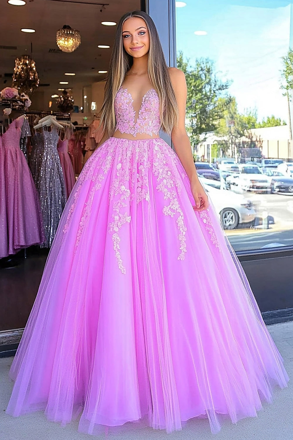 Ball Gown Fuchsia Floral Floor Length Prom Dress with Lace