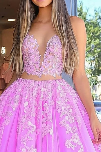 Ball Gown Fuchsia Floral Floor Length Prom Dress with Lace