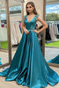 Load image into Gallery viewer, Peacock Satin A Line V-Neck Long Prom Dress with 3D Flower