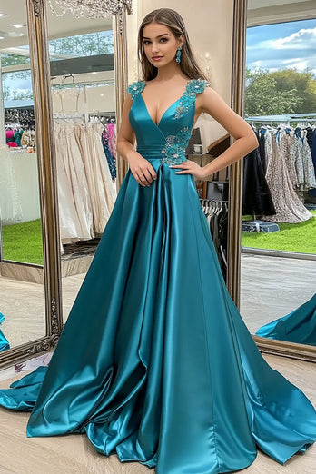 Peacock Satin A Line V-Neck Long Prom Dress with 3D Flower