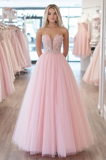 Pink Sparkly Corset Strapless Tulle Floor Length Prom Dress