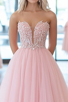 Pink Sparkly Corset Strapless Tulle Floor Length Prom Dress