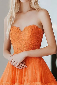 A Line Lace Orange Sweetheart Tiered Long Prom Dress