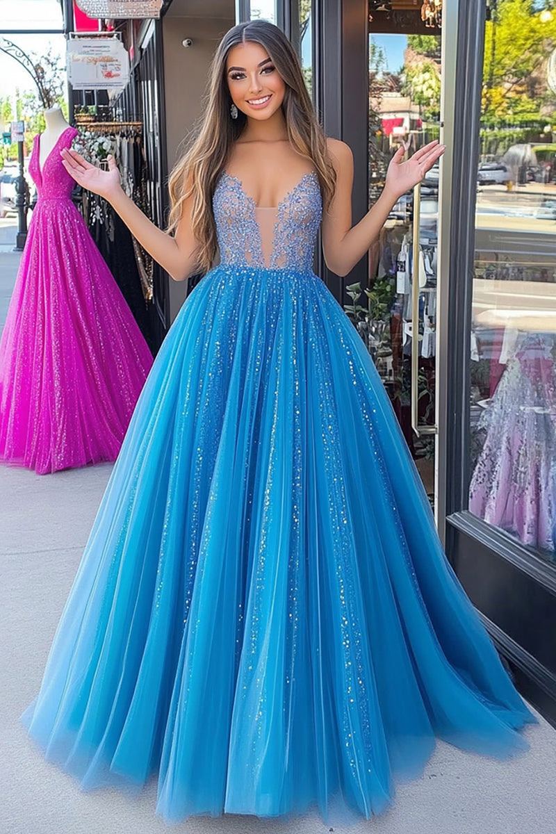 Load image into Gallery viewer, Sparkly Blue Ball Gown Tulle Long Prom Dress with Appliques