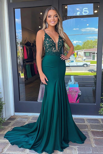 Dark Green Corset Sheath Long Prom Dress with Lace