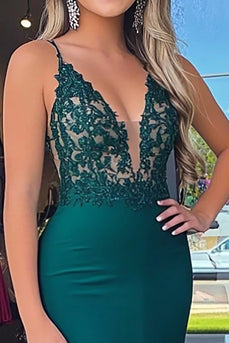 Dark Green Corset Sheath Long Prom Dress with Lace