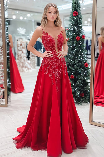 Floral Red Sparkly Satin V-Neck Long Prom Dress