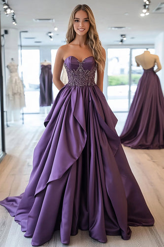 Princess Plum Sweetheart Ball Gown Prom Dress with Beading