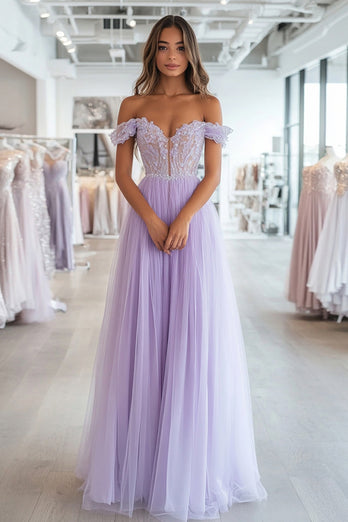 A Line Tulle Lilac Corset Off the Shoulder Long Prom Dress