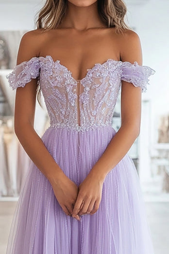 A Line Tulle Lilac Corset Off the Shoulder Long Prom Dress