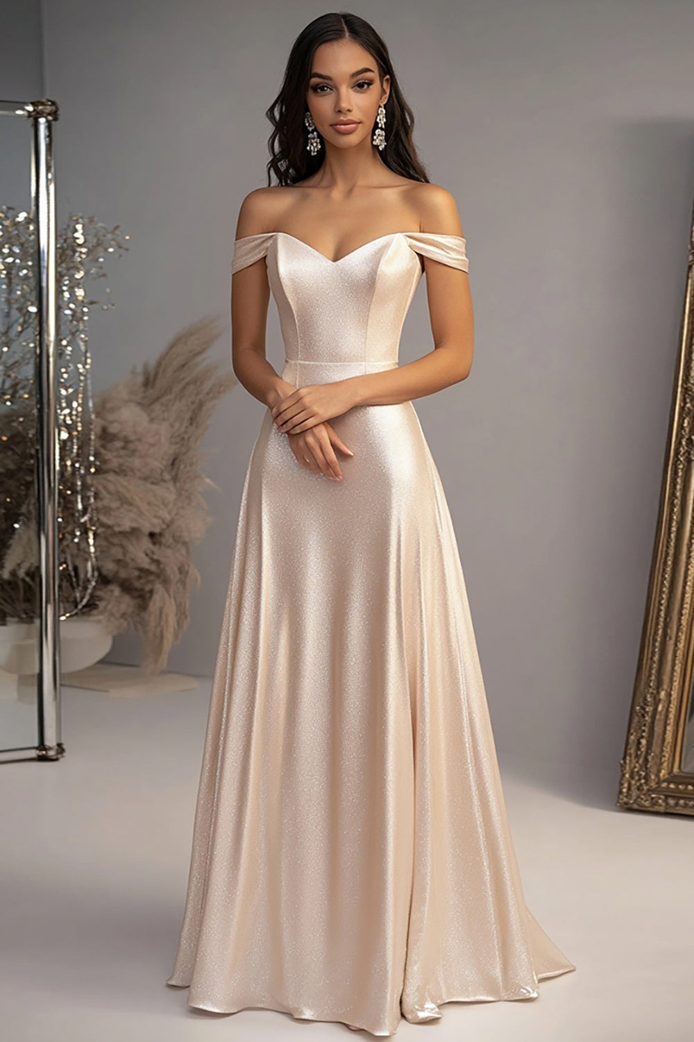 Elegant Champagne Off the Shoulder Floor Length Prom Dress