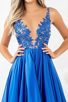 Royal Blue A Line High-Low Prom Dress with Lace Appliques