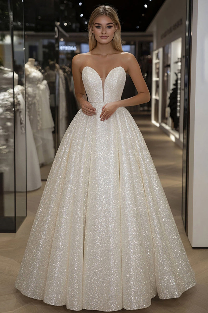 Load image into Gallery viewer, Sparkly Ivory Sweetheart Ball Gown Floor Length Prom Dress