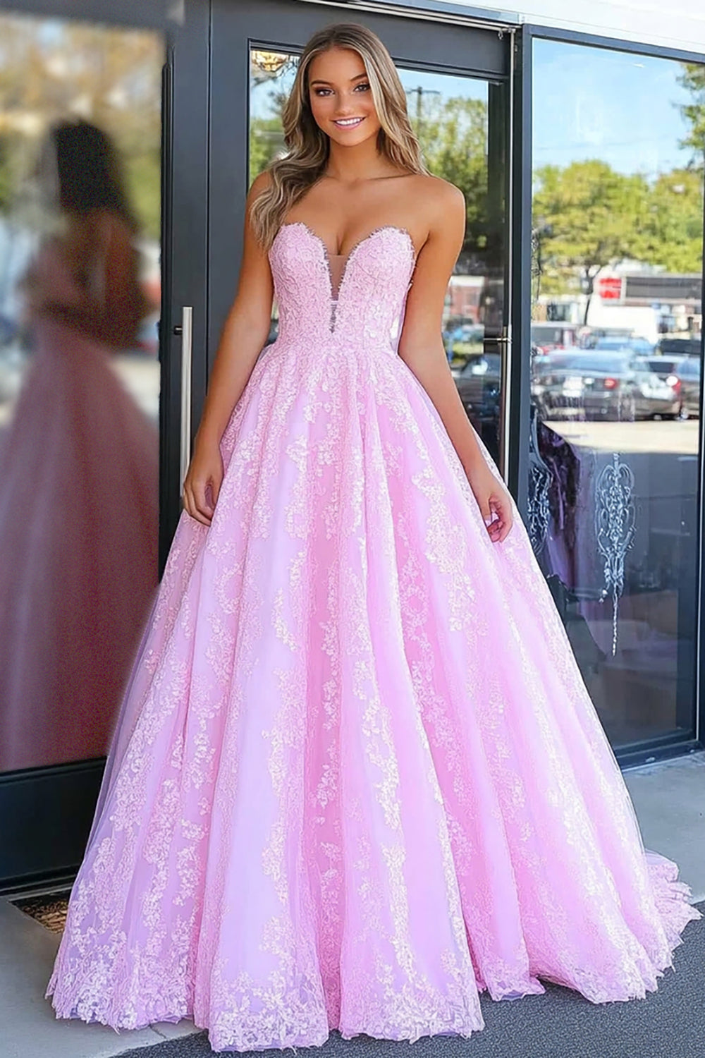 Floral Lace Pink Strapless Ball Gown Long Corset Prom Dress