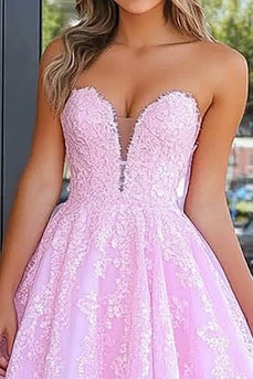 Floral Lace Pink Strapless Ball Gown Long Corset Prom Dress