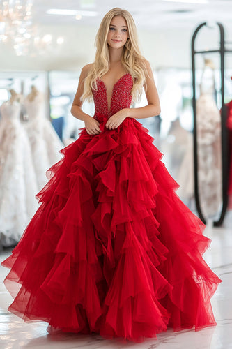 Sparkly Red Tulle Tiered Corset Prom Dress with Beading