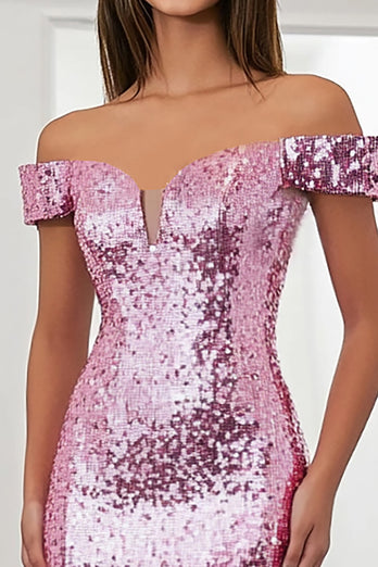 Sparkly Pink Mermaid Off the Shoulder Sequin Prom Dress