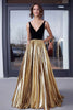 Load image into Gallery viewer, Black Gold Matallic A Line Floor Length Prom Dress