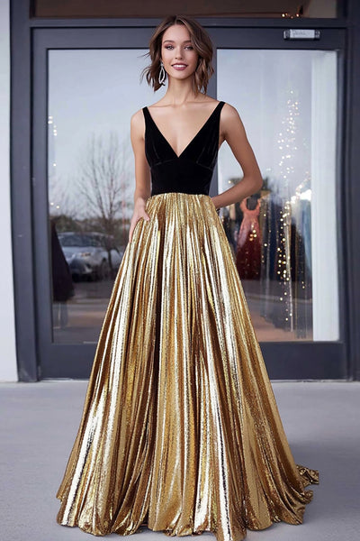 Black Gold Matallic A Line Floor Length Prom Dress