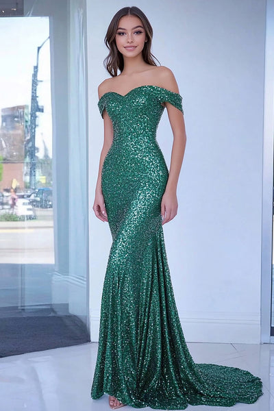 Sparkly Green Sequin Off the Shoulder Long Prom Dress