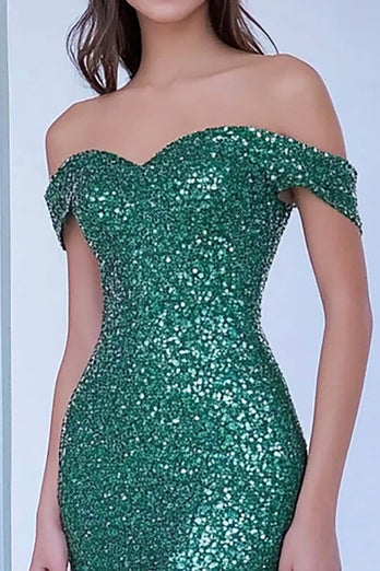 Sparkly Green Sequin Off the Shoulder Long Prom Dress