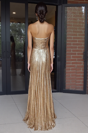 A Line Metallic Gold Strapless Long Prom Dress