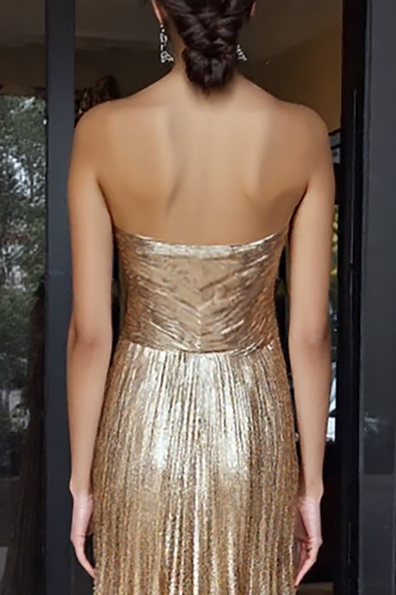 Load image into Gallery viewer, A Line Metallic Gold Strapless Long Prom Dress