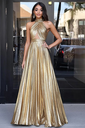 Metallic Gold Halter Keyhole A Line Long Prom Dress