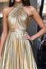 Load image into Gallery viewer, Metallic Gold Halter Keyhole A Line Long Prom Dress