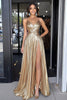 Load image into Gallery viewer, Gold V-Neck A Line Metallic Floor Length Prom Dress with Slit