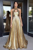 Load image into Gallery viewer, Gold Halter Metallic Keyhole A Line Long Prom Dress