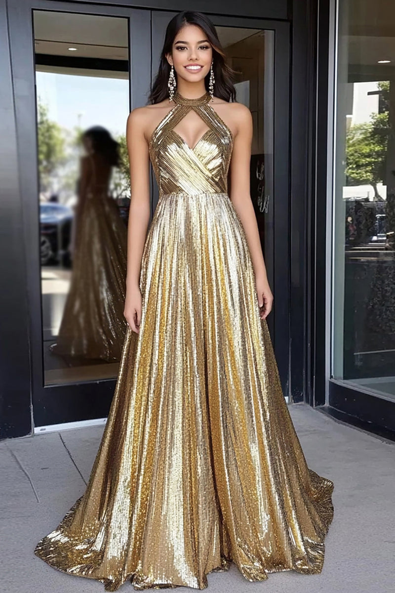 Load image into Gallery viewer, Gold Halter Metallic Keyhole A Line Long Prom Dress