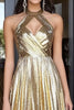 Load image into Gallery viewer, Gold Halter Metallic Keyhole A Line Long Prom Dress