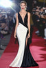 Load image into Gallery viewer, Black White Deep V Neck Sheath Red Carpet Dress with Slit