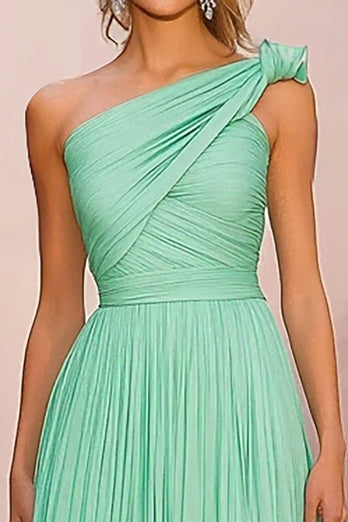 Mint One Shoulder A Line Pleated Chiffon Red Carpet Dress