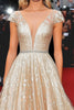 Load image into Gallery viewer, Champagne Deep V Neck Cap Sleeves A Line Lace Red Carpet Dress