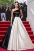 Load image into Gallery viewer, Black White One Shoulder Satin A Line Red Carpet Dress