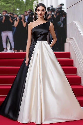 Black White One Shoulder Satin A Line Red Carpet Dress