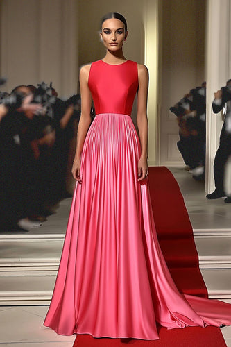 Red Pink Jewel Neck Satin A Line Pleated Red Carpet Dress